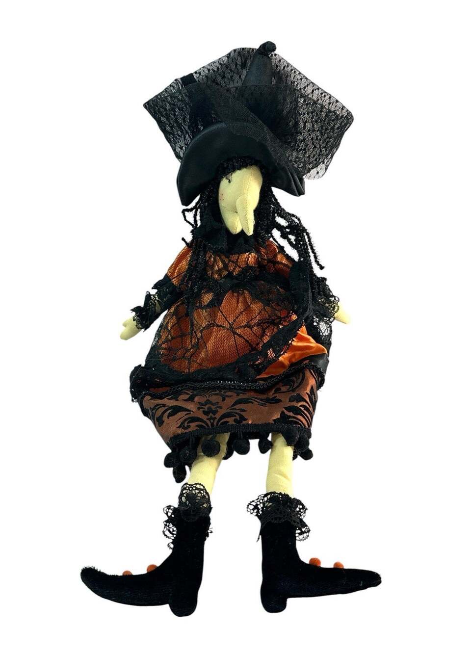 Halloween Witch Shelf Sitter Doll 18” Orange Black Lace Weighted Bottom Decor